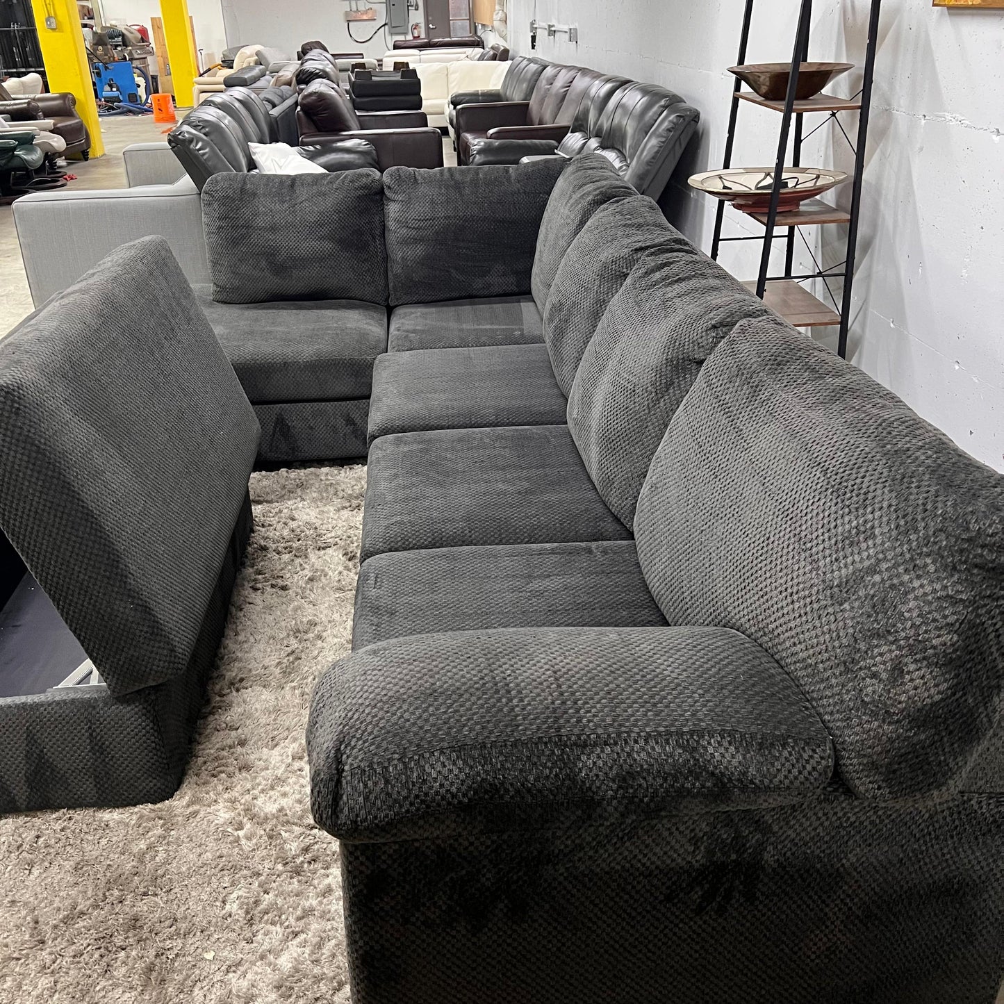 Large sectional with ottoman. Fabric L shaped sofa couch.