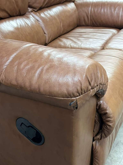 Cognac leather recliner sofa set. Manual reclining couches.