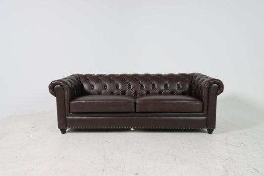 Abysson living chesterfield leather sofa. Large brown 3 seater sofa couch.