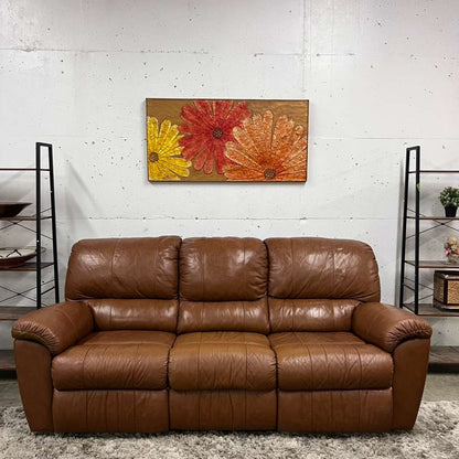 Cognac leather recliner sofa set. Manual reclining couches.
