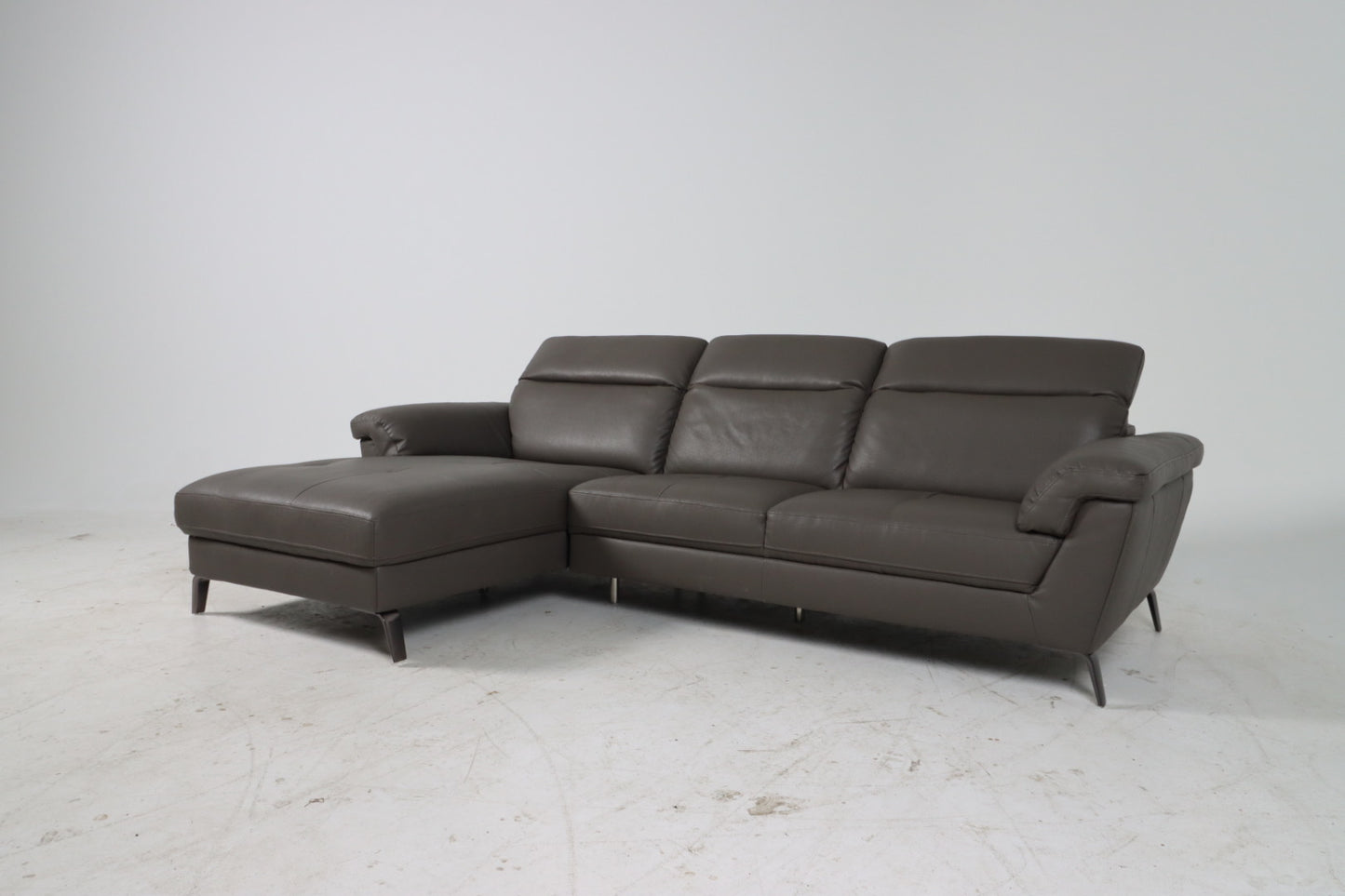 Faux leather sectional. Grey L shaped sofa couch