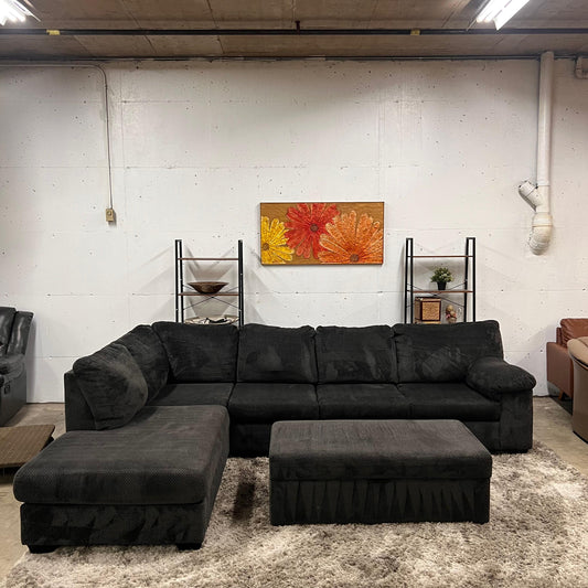 Large sectional with ottoman. Fabric L shaped sofa couch.