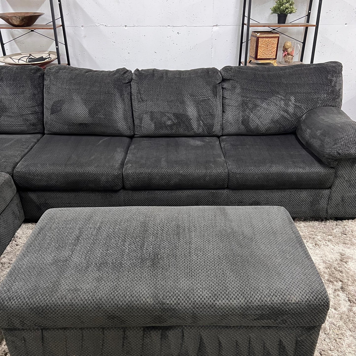 Large sectional with ottoman. Fabric L shaped sofa couch.