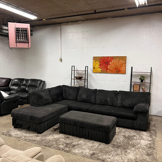 Large sectional with ottoman. Fabric L shaped sofa couch.