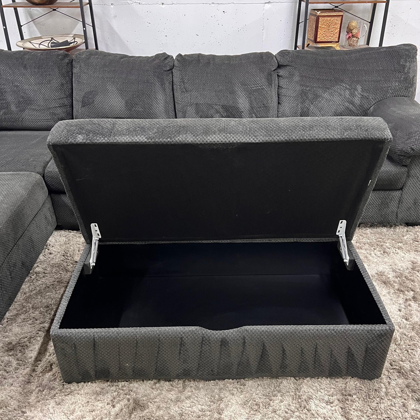 Large sectional with ottoman. Fabric L shaped sofa couch.