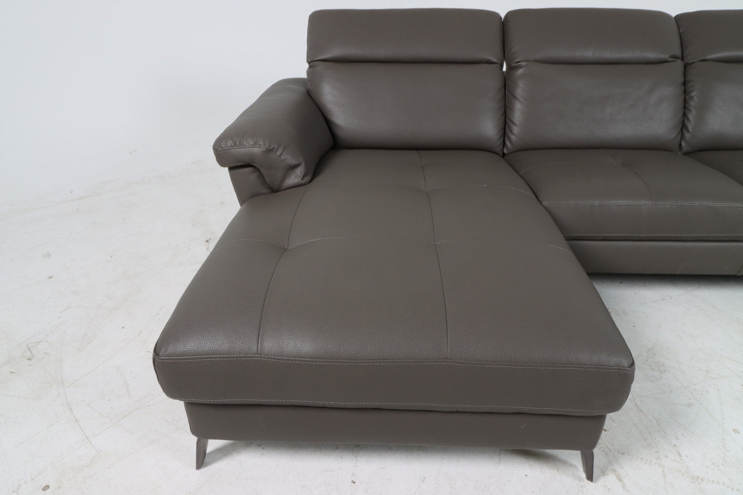 Faux leather sectional. Grey L shaped sofa couch