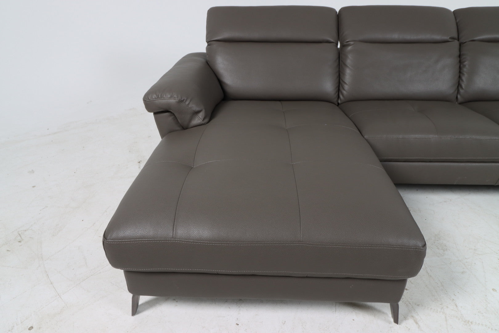 Faux leather sectional. Grey L shaped sofa couch